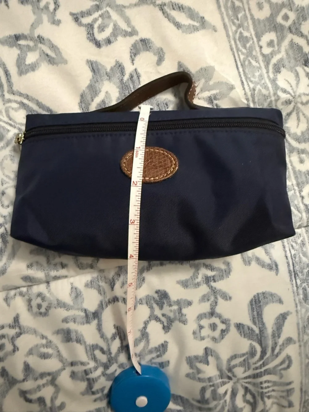 Longchamp Navy Canvas Pouch with Brown Leather Patch
